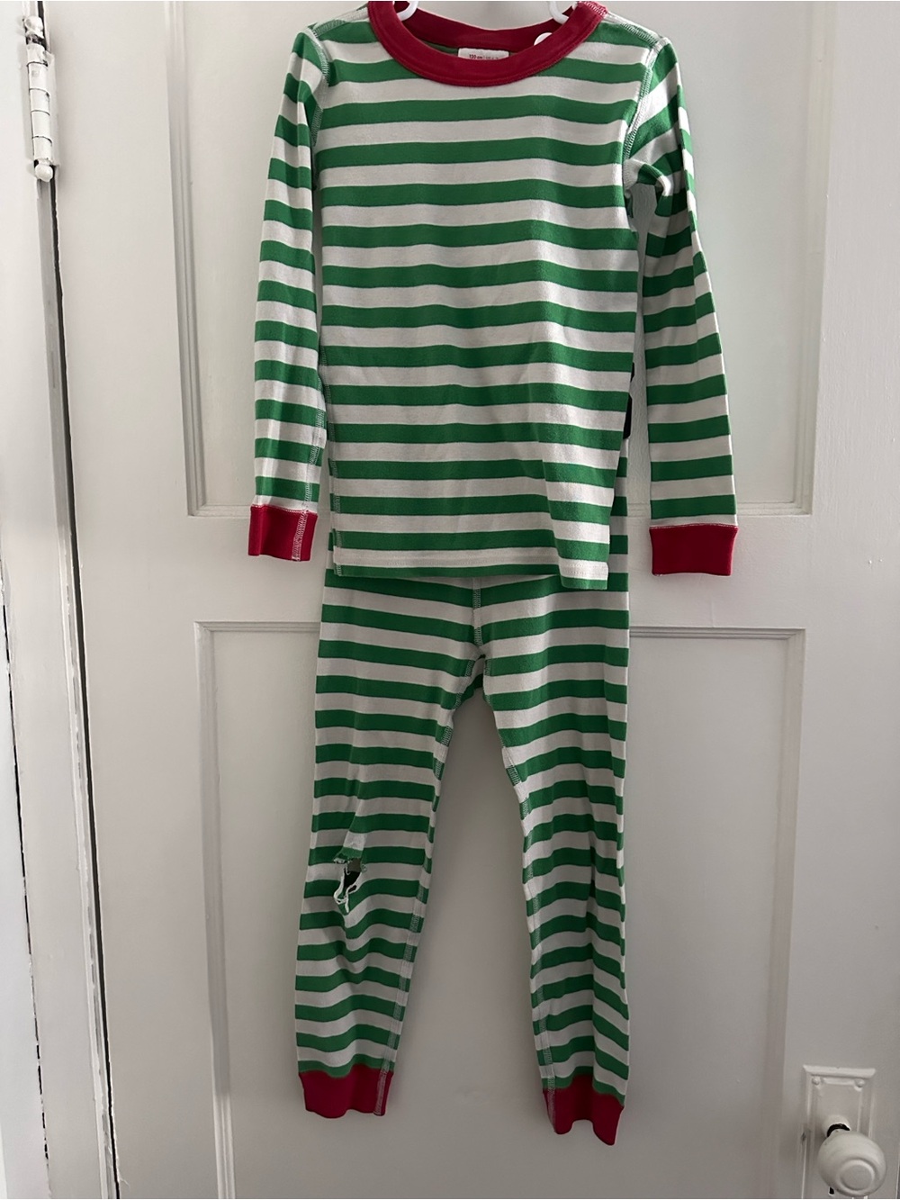 Hanna Andersson Kids Green White Stripe Pajama Set Long Sleeve Pants Red FLAW